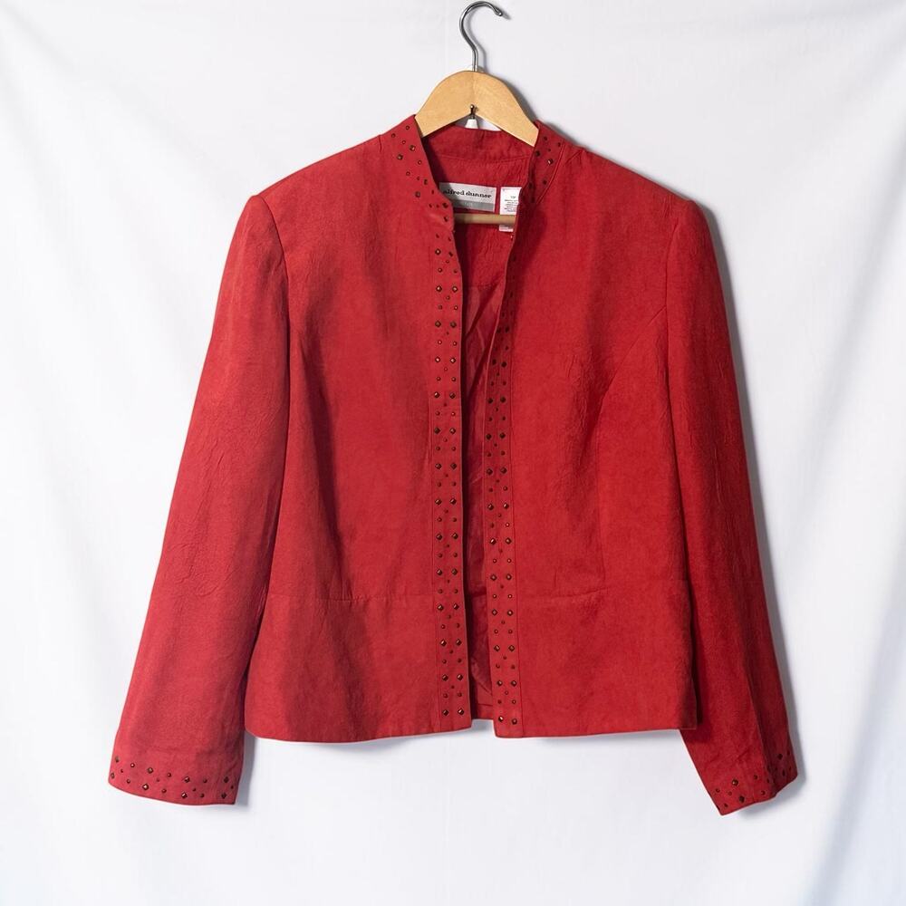 Alfred Dunner Faux Suede Red Blazer Jacket Womens 12P Open Front Stud Collar